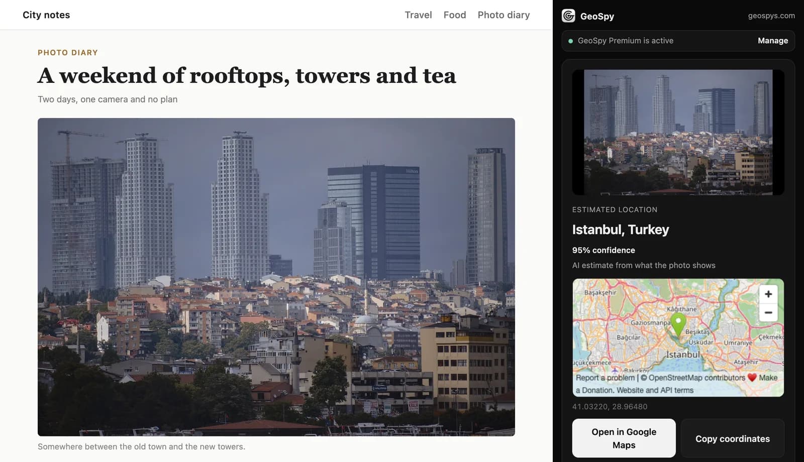 GeoSpy side panel next to a web page, showing Istanbul, Turkey, 95% confidence and a map
