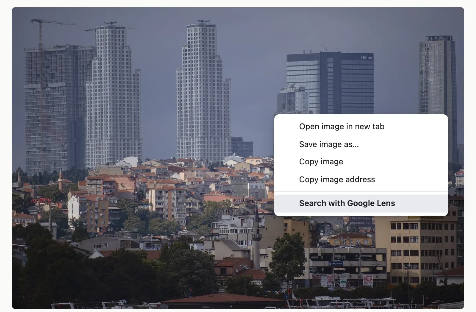 Chrome right-click menu on a photo with “Search with Google Lens” highlighted