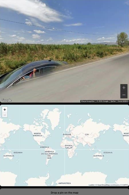 The game showing a Street View panorama of a rural road above a world map, with a button to drop a pin