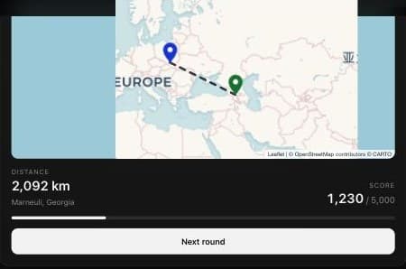 The round result: guess and answer pins joined by a dashed line, 2,092 km away, scoring 1,230 out of 5,000