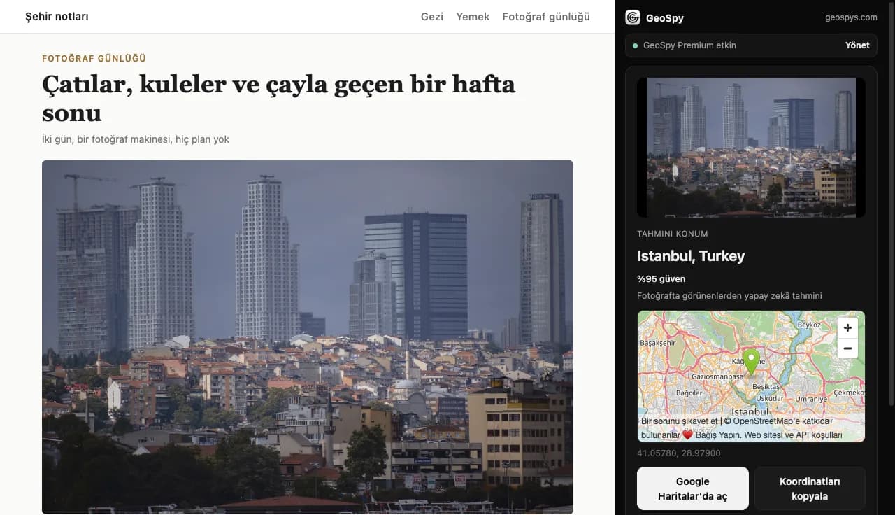 Bir web sayfasının yanında GeoSpy yan paneli: İstanbul, Türkiye, %95 güven ve harita