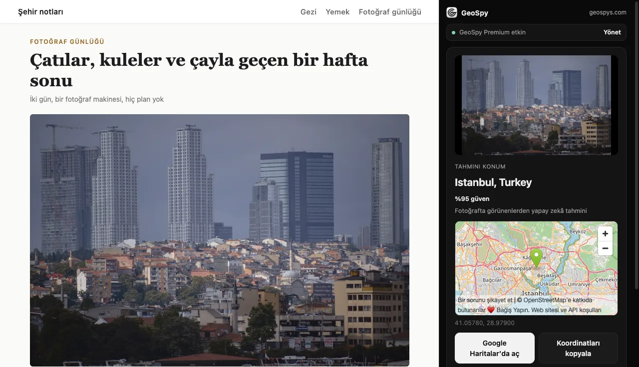 GeoSpy yan paneli sayfanın yanında İstanbul, Türkiye sonucunu %95 güvenle ve haritayla gösteriyor
